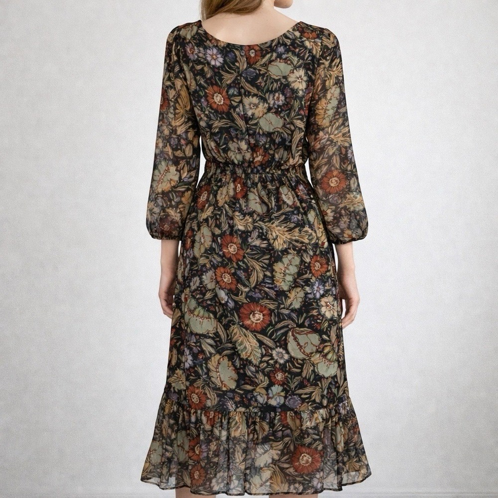 Piper & Scoot Floral Midi Dress L Sheer Long Sleeve Lined Black Boho Dark Floral - Picture 2 of 14